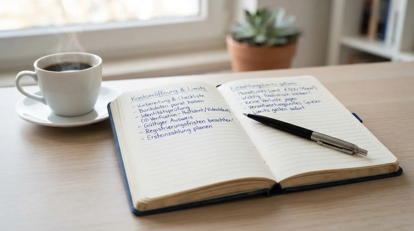 Ein aufgeschlagenes Notizbuch mit handschriftlichen Notizen und ein Kugelschreiber liegen auf einem hellen Schreibtisch neben einer Kaffeetasse.