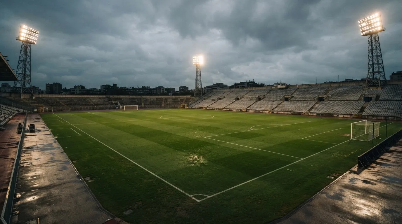 Ein Fußballplatz mit Flutlichtmasten in der Abenddämmerung, aus der Ferne gesehen, leere Tribünen und nasser Rasen unter bewölktem Himmel.