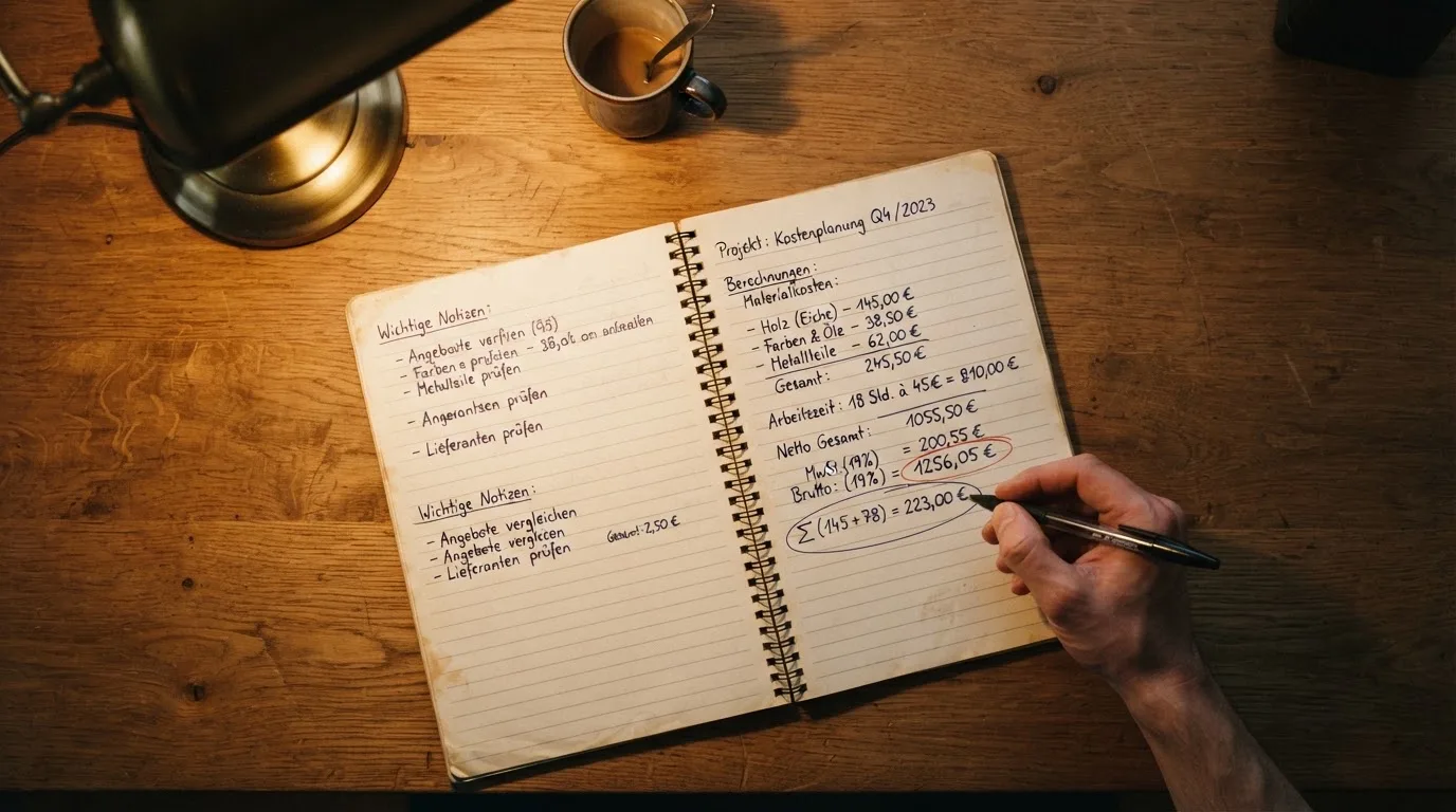 Ein Taschenrechner und ein Blatt Papier mit handschriftlichen Notizen liegen auf einem Schreibtisch unter dem warmen Licht einer Lampe.