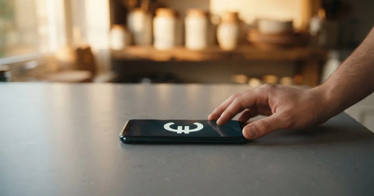 Eine Hand legt ein paar Münzen neben ein umgedrehtes Smartphone auf eine graue Tischplatte, dahinter verschwommen ein Küchenregal.