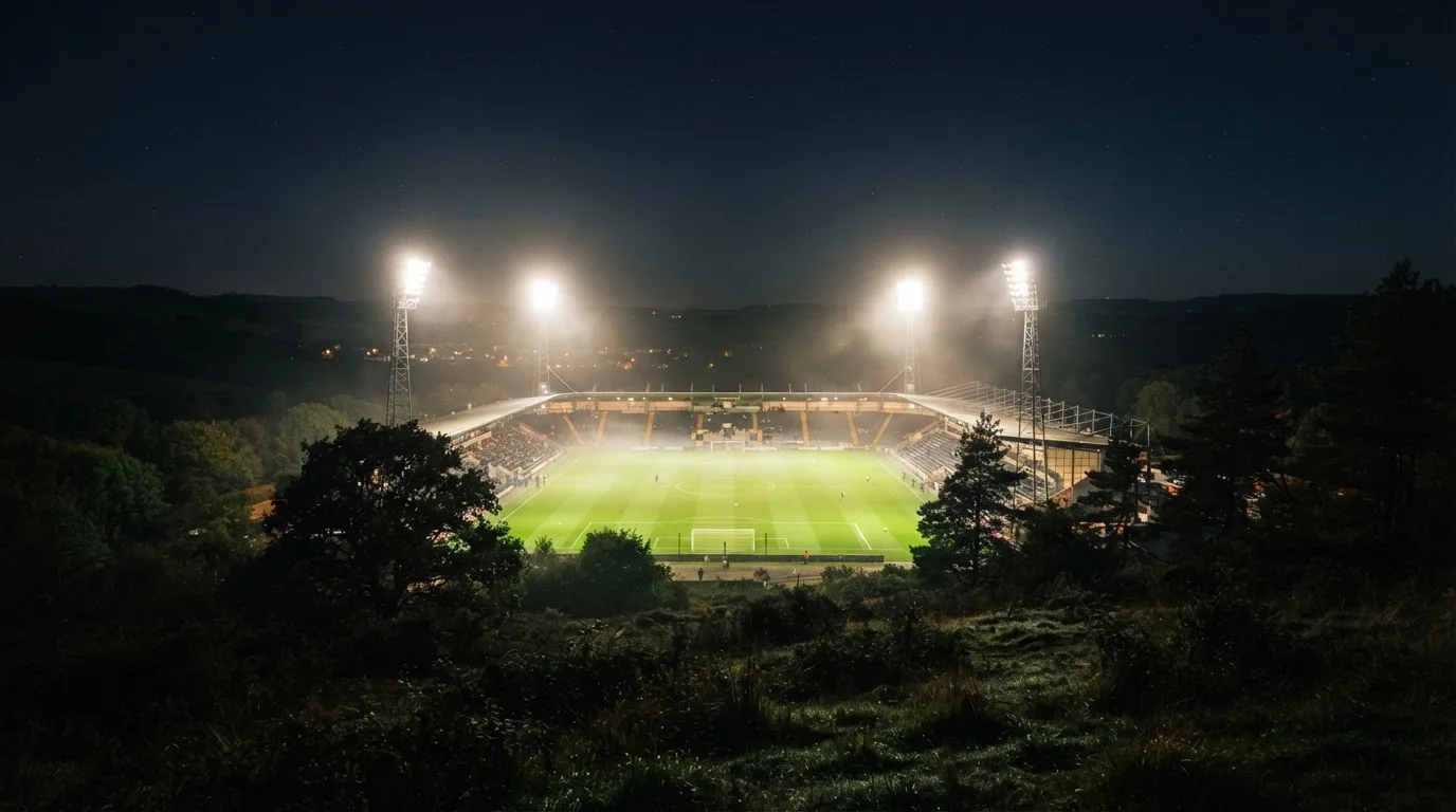 Ein Stadion unter Flutlicht bei Nacht, von einem Hügel aus der Ferne betrachtet, mit Dunst über dem Spielfeld.