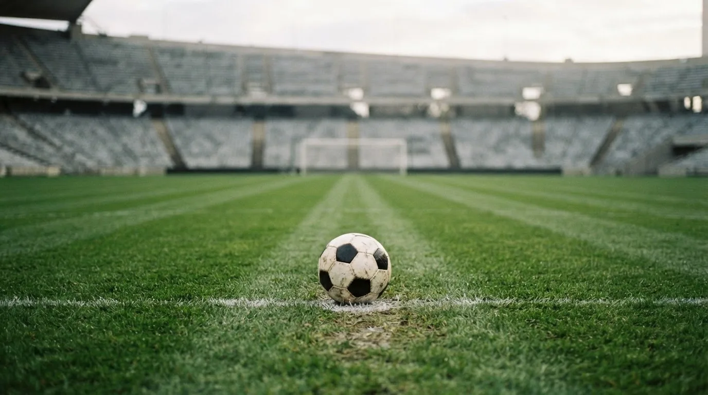 Ein Fußball liegt auf dem Elfmeterpunkt eines leeren Rasenplatzes, im Hintergrund eine Tribüne im Dunst.