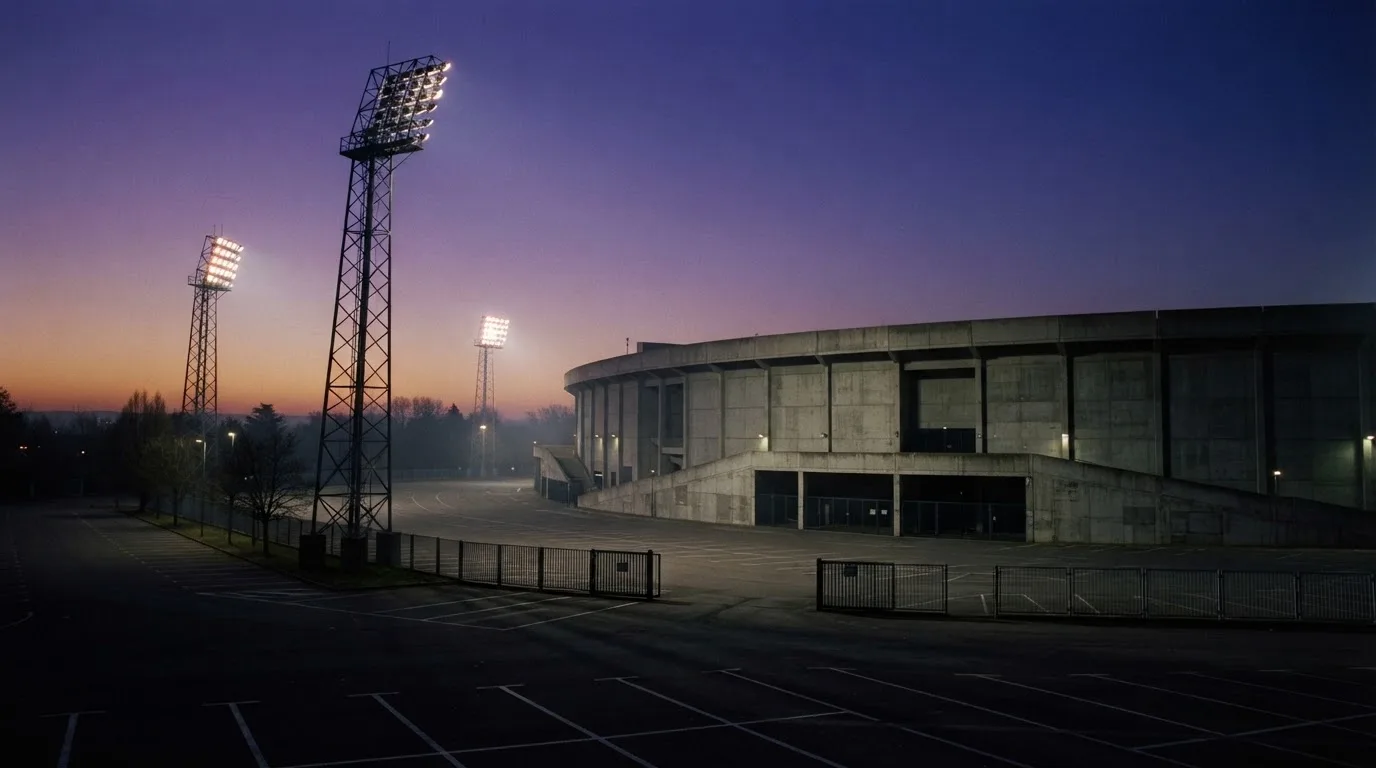 Ein Fußballstadion von außen in der Dämmerung, hohe Flutlichtmasten vor einem violetten Himmel, davor ein leerer Parkplatz.