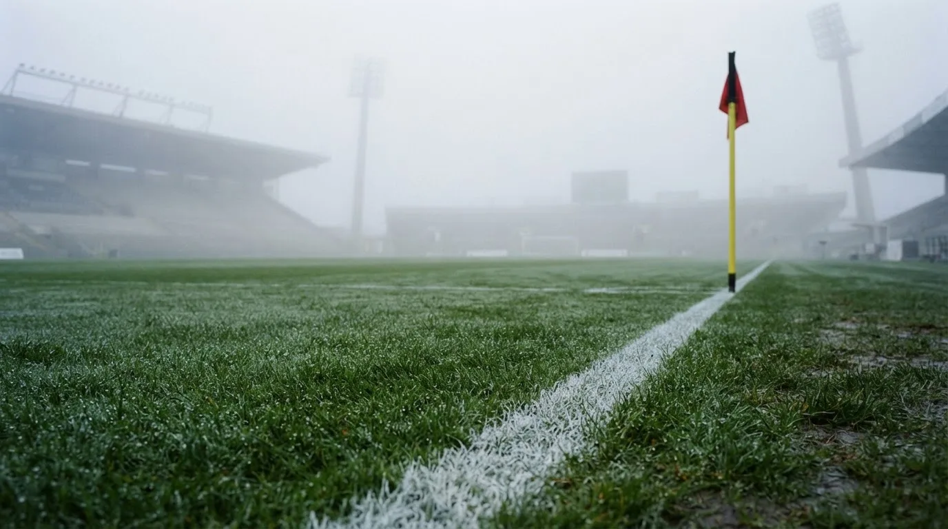 Der Rand eines Spielfelds mit weißer Linie und Eckfahne bei Nebel am frühen Morgen, ohne Menschen.