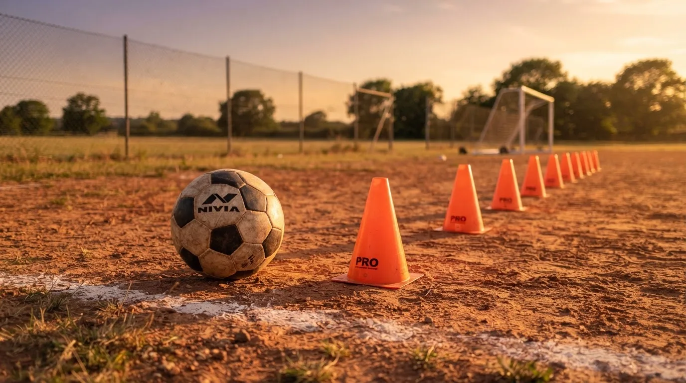 Ein Fußball auf rotem Sandboden neben einer Reihe Hütchen auf einem Trainingsplatz bei untergehender Sonne.