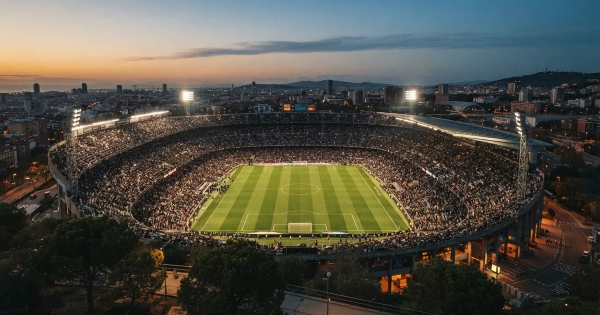 Ein Fußballstadion unter Flutlicht mit hellen Rängen, von einem Hügel aus gesehen, darüber ein dunkelblauer Abendhimmel.