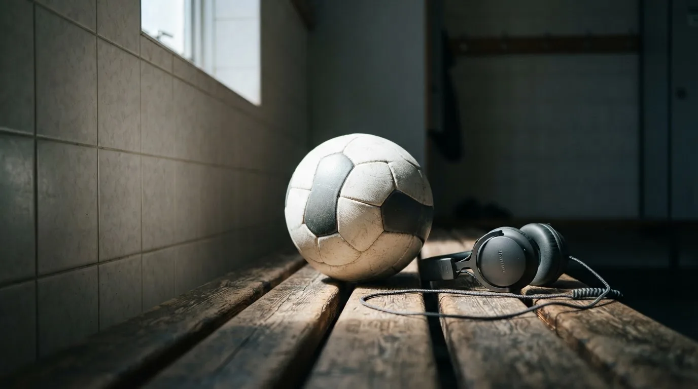 Ein Fußball liegt neben Kopfhörern auf einer Holzbank in einer Umkleide, Licht fällt durch ein schmales Fenster.