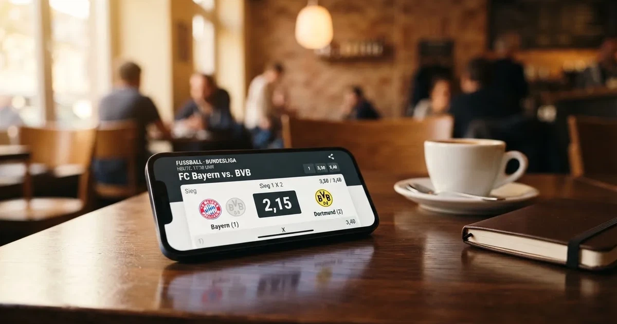 Ein Smartphone mit dunklem Bildschirm liegt auf einem Tisch in einem Café, daneben eine Tasse und ein Notizbuch.