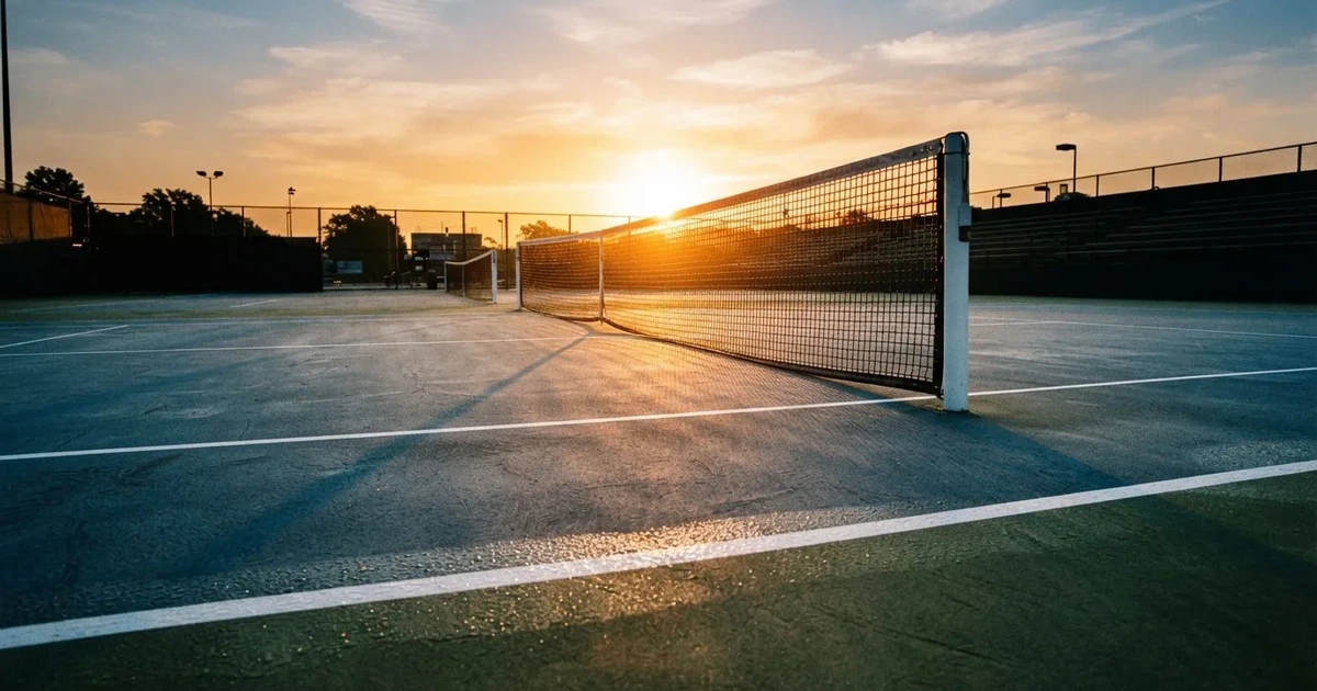 Ein leerer Tennisplatz mit Hartplatzbelag in der Morgendämmerung, das Netz im Gegenlicht und lange Schatten der Linien.