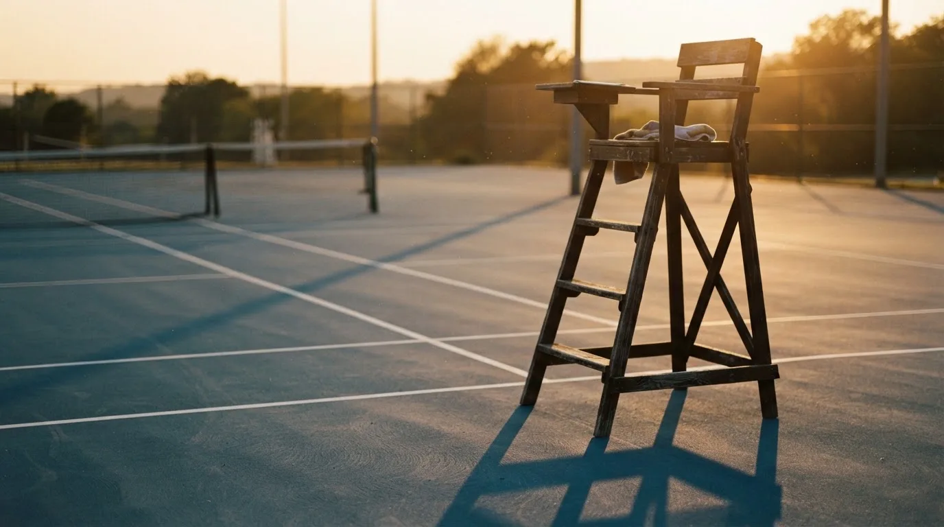 Ein leerer Schiedsrichterstuhl am Spielfeldrand eines Tennisplatzes im Abendlicht, lange Schatten auf dem Belag.