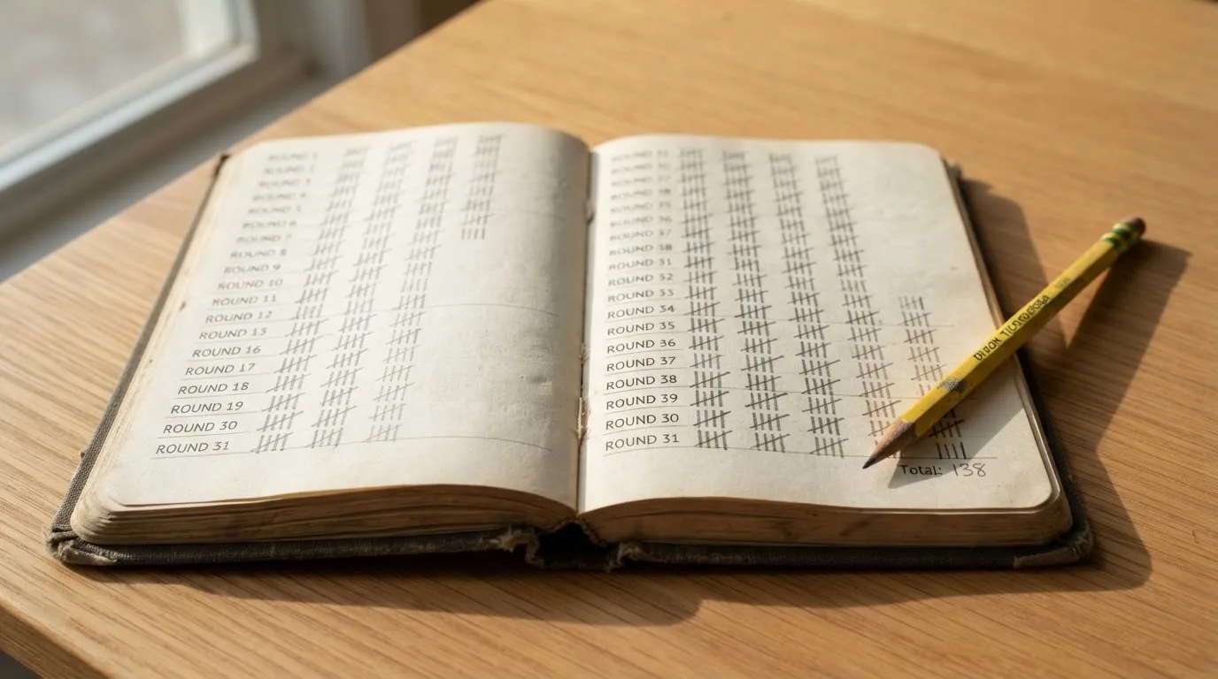 Ein handschriftlich geführtes Heft mit Strichlisten liegt neben einem Bleistift auf einem Tisch, seitlich fällt Tageslicht herein.
