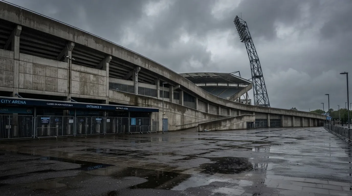 Ein leeres Stadion von außen, hohe Flutlichtmasten vor einem grauen Himmel mit Regenwolken.