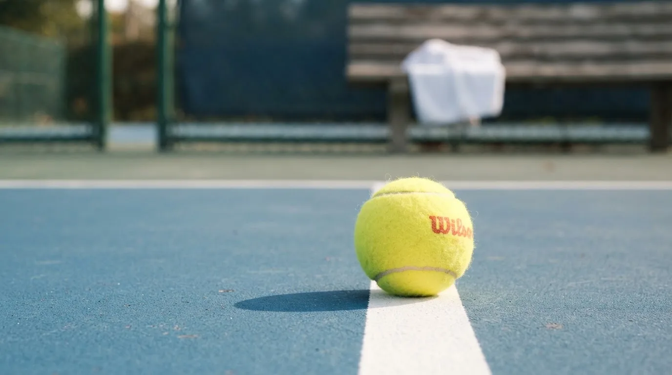 Ein gelber Tennisball liegt auf einer weißen Linie, daneben ein Handtuch auf einer Bank am Spielfeldrand.