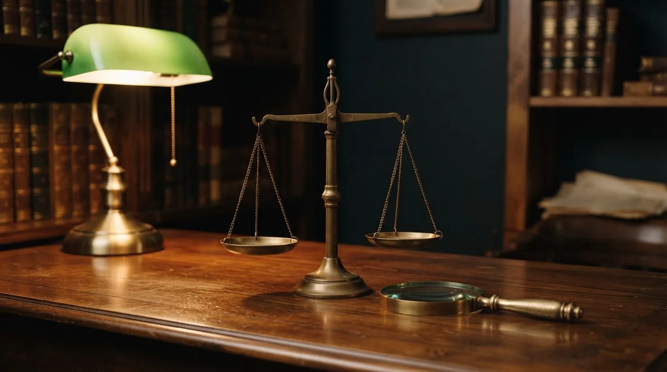 Eine Waage aus Messing steht neben einer Lupe auf einem polierten Schreibtisch im Licht einer Lampe.
