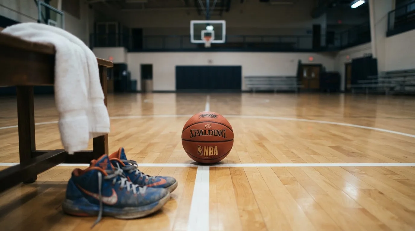 Ein Basketball liegt auf der Freiwurflinie einer Halle, im Vordergrund ein Handtuch auf einer Bank.