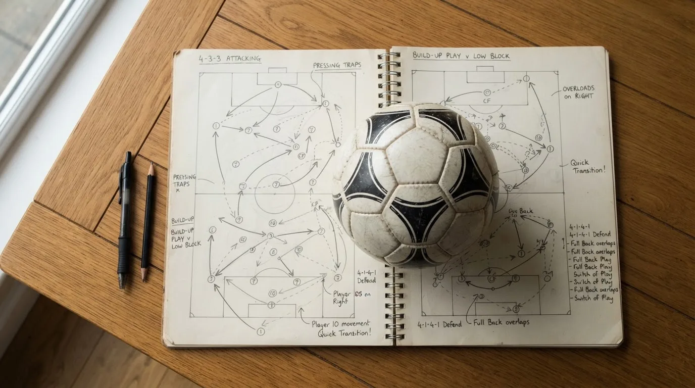 Ein Fußball liegt auf einem Notizbuch mit handgezeichneten Skizzen von Spielzügen, aufgenommen von oben auf einem Holztisch.