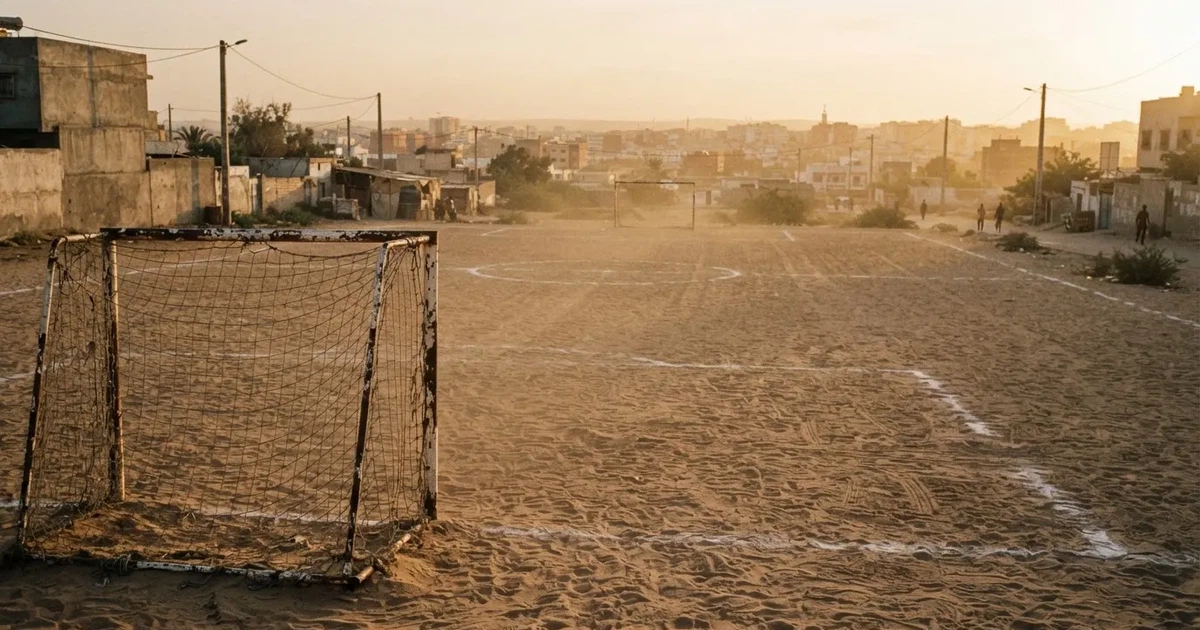 Ein sandiger Fußballplatz am Rand einer Stadt in warmem Abendlicht, Staub in der Luft und zwei Tore in der Ferne.