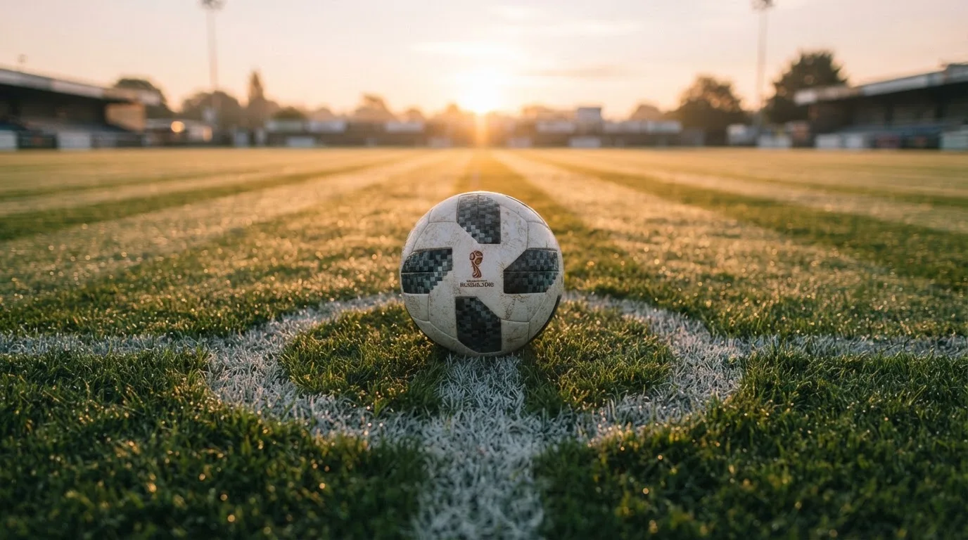 Ein Fußball liegt auf dem Anstoßpunkt eines Rasens bei Sonnenaufgang, Tau glitzert auf den Halmen.