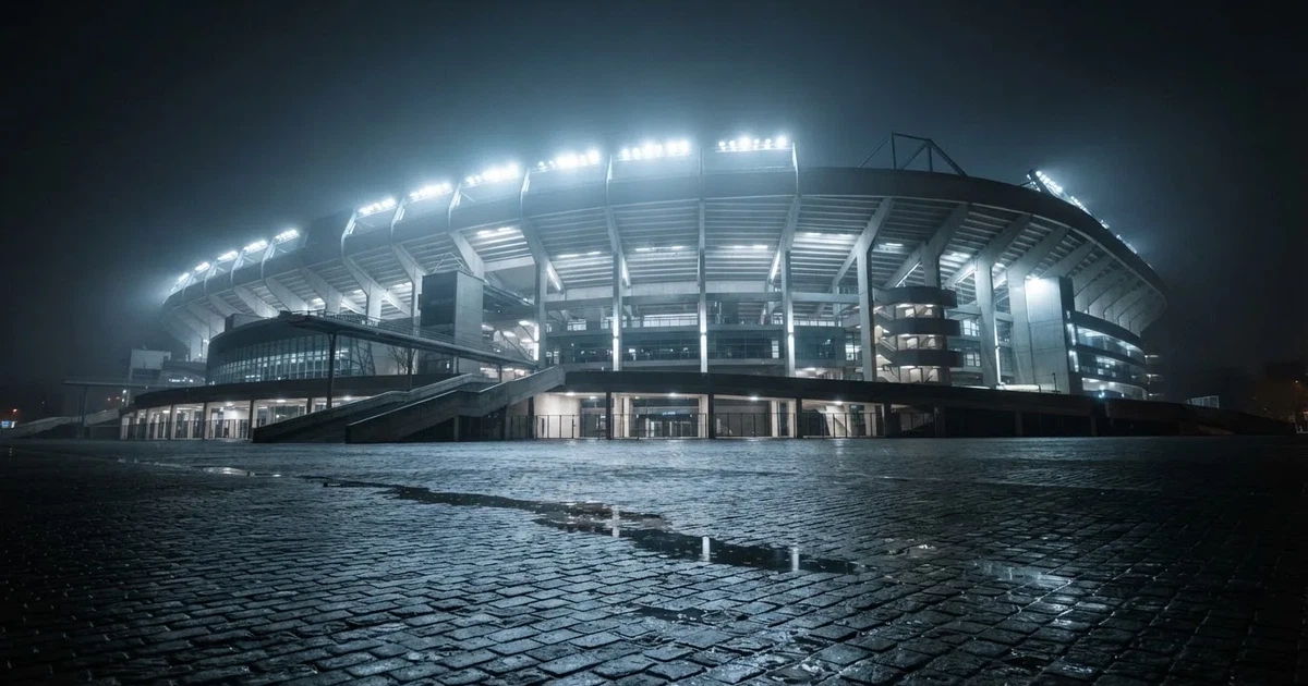 Ein großes Fußballstadion bei Flutlicht von außen, davor ein leerer Vorplatz mit nassem Pflaster und Dunst.