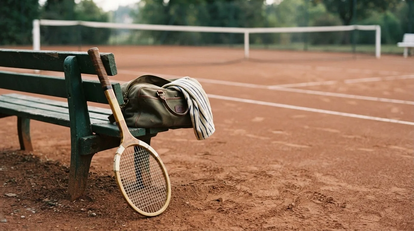 Ein Tennisschläger lehnt an einer Bank neben einer Sporttasche, im Hintergrund ein leerer Platz.