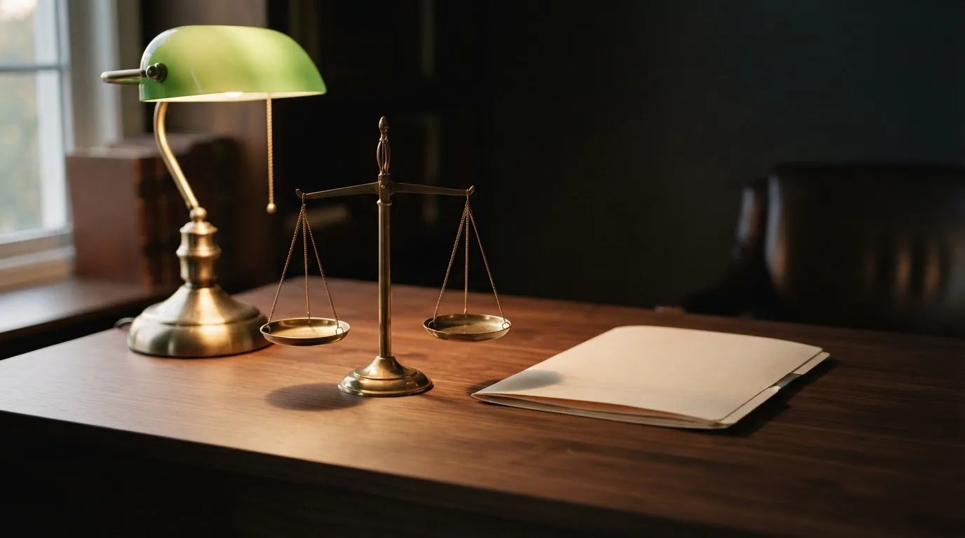 Eine Waage aus Messing und ein geschlossener Ordner ohne Beschriftung stehen neben einer Tischlampe auf einem Schreibtisch.