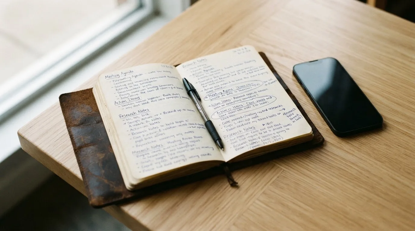Ein Notizbuch mit handschriftlichen Notizen und ein Kugelschreiber liegen neben einem Smartphone mit dunklem Display auf einem Holztisch.