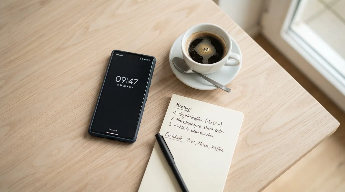 Ein Smartphone mit dunklem Display liegt neben einer Kaffeetasse und einem Notizblock auf einem hellen Tisch.