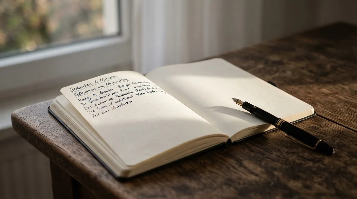 Ein aufgeschlagenes Buch mit leeren Seiten liegt neben einem Füllfederhalter auf einer Holzplatte, Fensterlicht fällt von links.