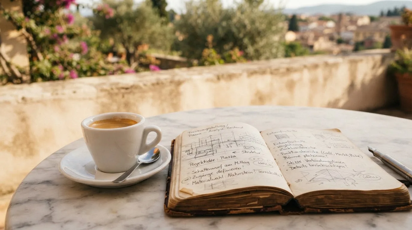 Eine Espressotasse steht auf einem kleinen Marmortisch einer Terrasse, daneben ein Notizheft mit handschriftlichen Skizzen.