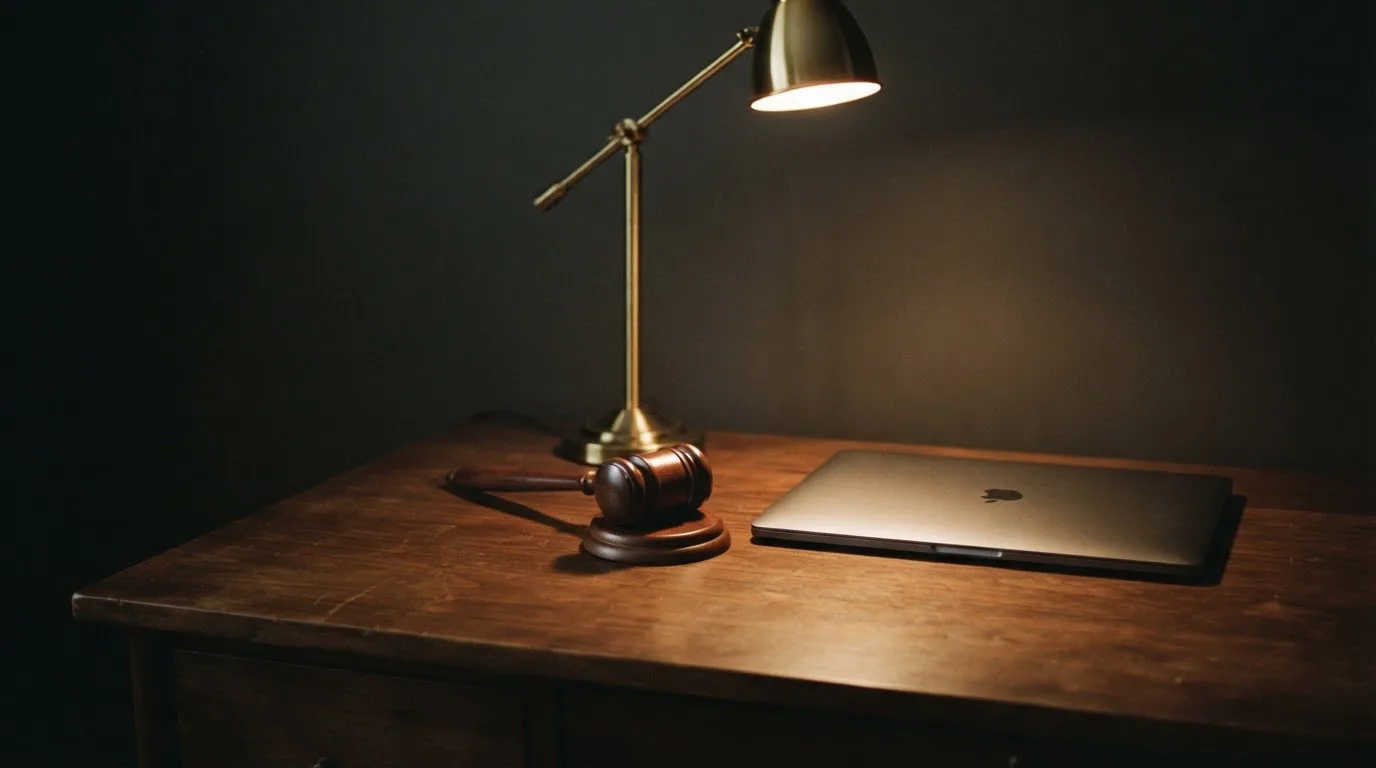 Ein Schreibtisch mit Stehlampe, einem geschlossenen Laptop und einem hölzernen Richterhammer im Halbdunkel.