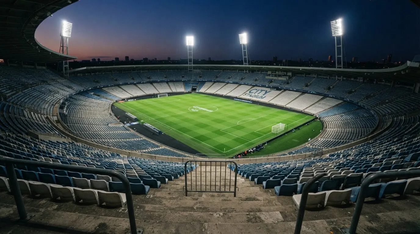 Eine leere Stadiontribüne unter Flutlicht aus der Ferne betrachtet, die Rasenfläche leuchtet grün in der Dämmerung.