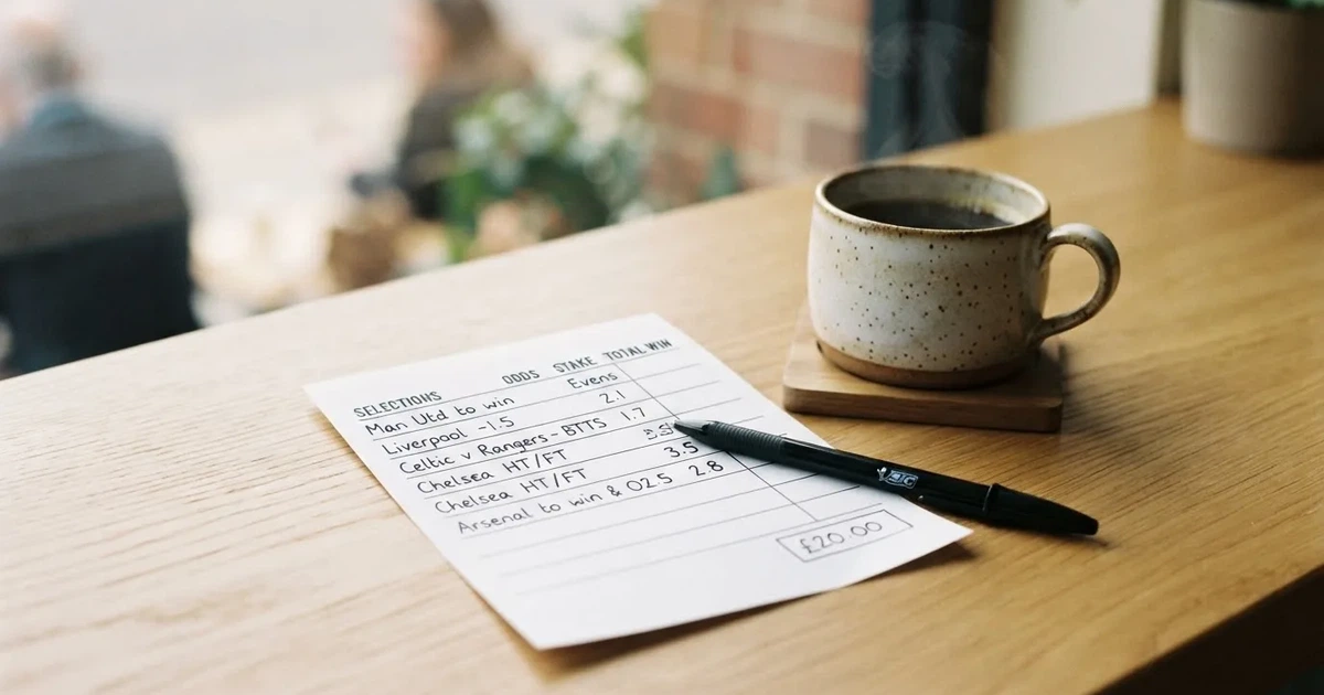 Ein leerer Papier-Wettschein liegt neben einem Kugelschreiber und einer Kaffeetasse auf einem hellen Holztisch, Tageslicht von links.