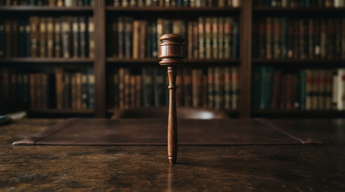Ein Richterhammer aus Holz steht auf einer dunklen Schreibtischplatte, im Hintergrund ein unscharfes Bücherregal.