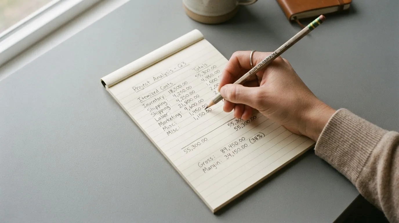 Ein Taschenrechner, ein Bleistift und ein Block mit handschriftlichen Zahlenreihen liegen auf einer grauen Arbeitsfläche.