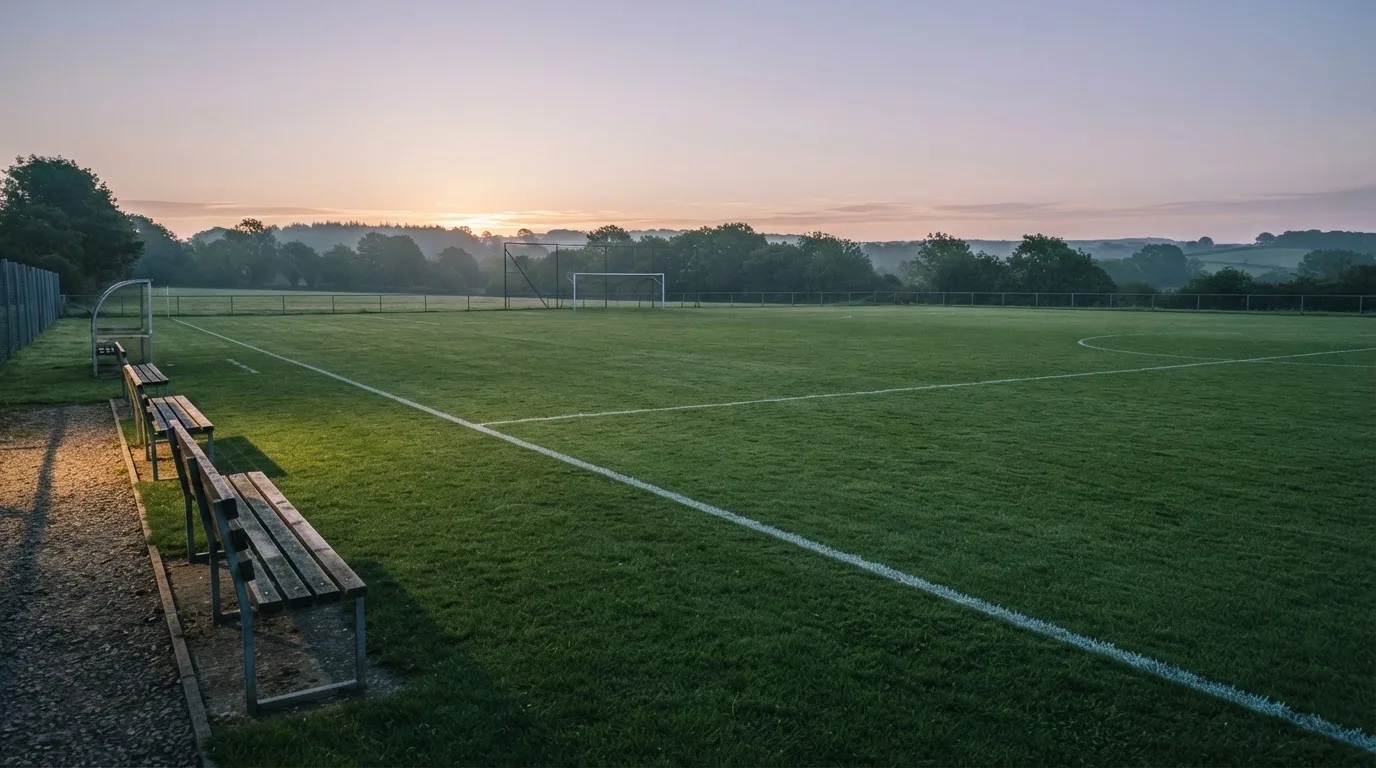 Ein Fußballplatz mit frisch gezogenen Kreidelinien im ersten Morgenlicht, leere Ersatzbänke am Spielfeldrand.