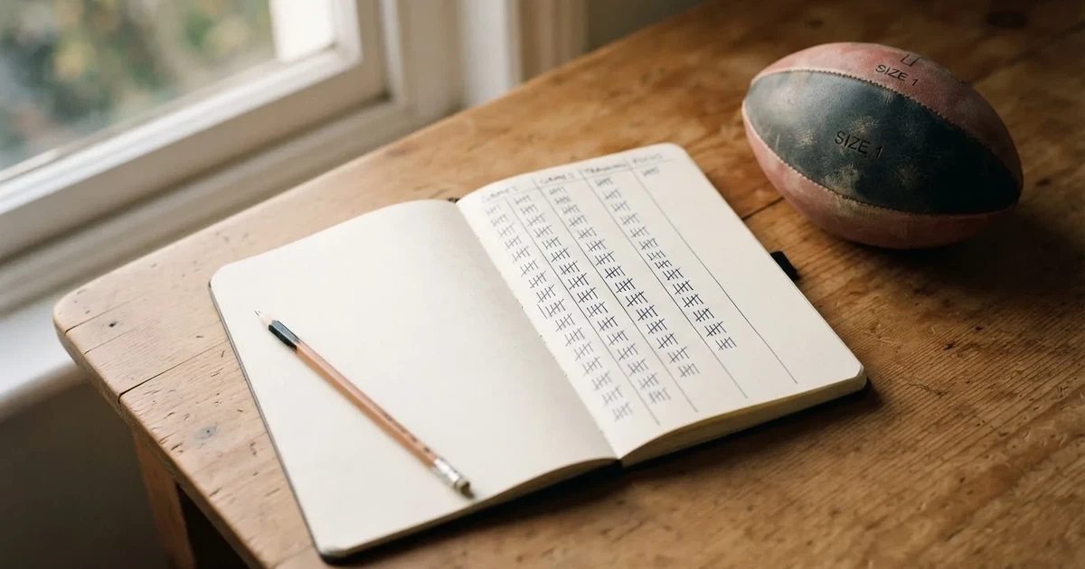 Ein Notizbuch mit handschriftlichen Strichlisten, ein Bleistift und ein kleiner Fußball liegen auf einem Schreibtisch vor einem Fenster.