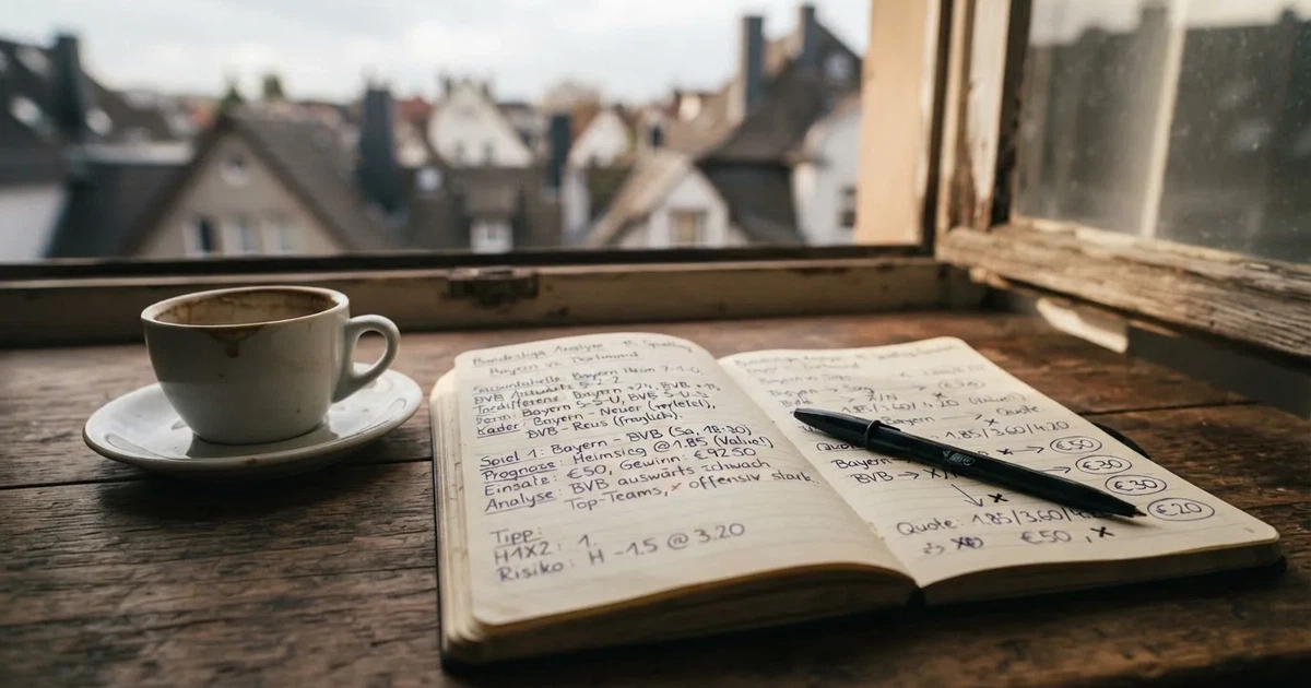 Ein aufgeklapptes Notizbuch mit handschriftlichen Pfeilen und Kreuzen liegt neben einem Kugelschreiber und einem Becher Kaffee auf einem Tisch am Fenster.