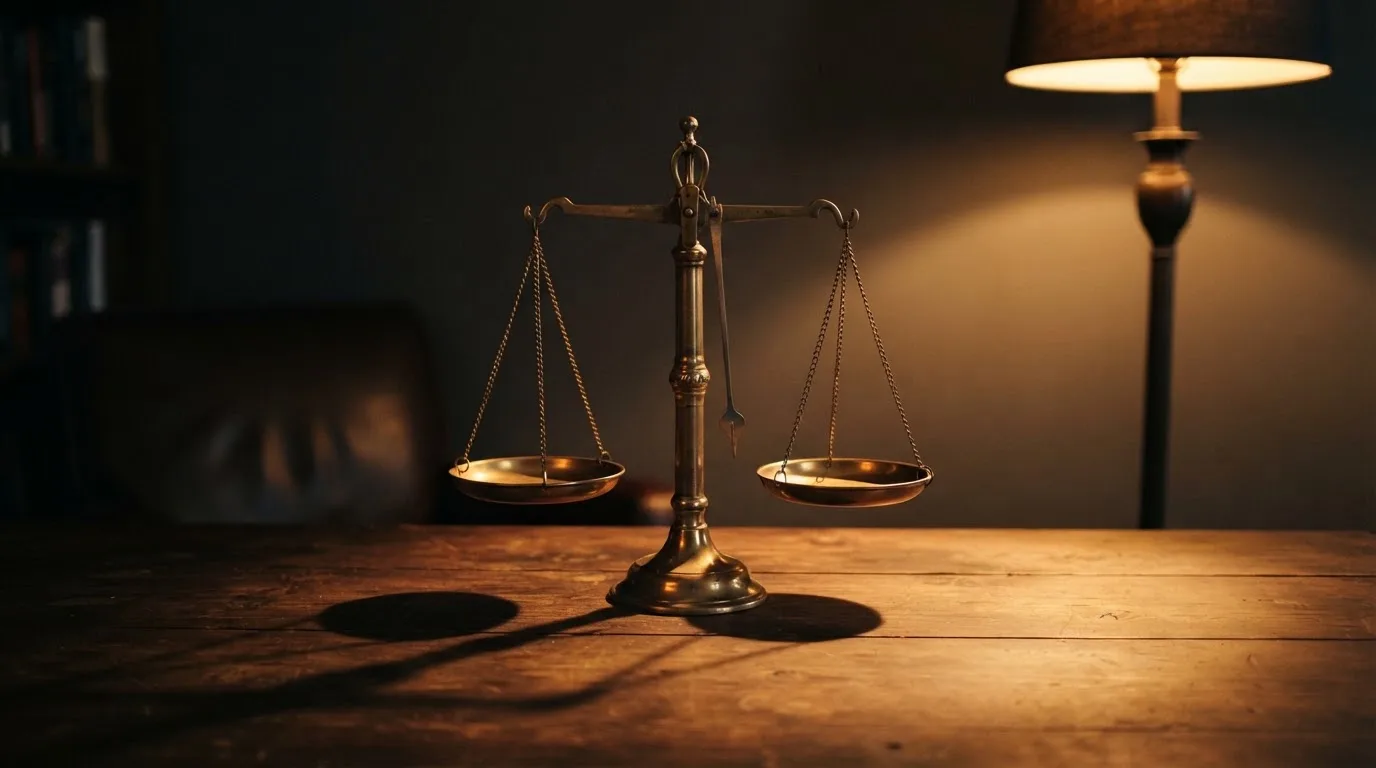 Eine Waage mit zwei leeren Schalen aus Messing steht auf einem Tisch, das Licht einer Stehlampe fällt von rechts.