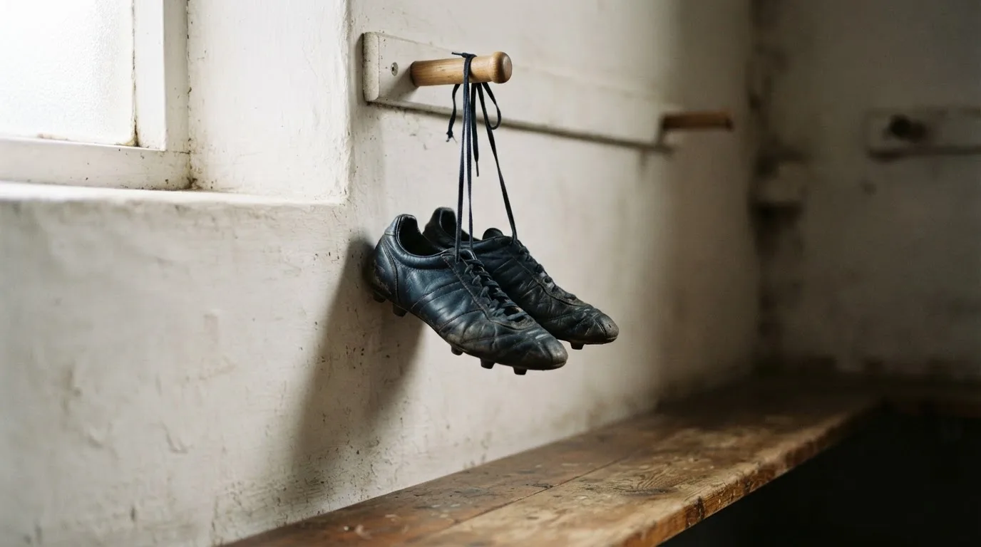Ein Paar Fußballschuhe hängt an den Schnürsenkeln an einem Holzhaken in einer leeren Umkleidekabine.