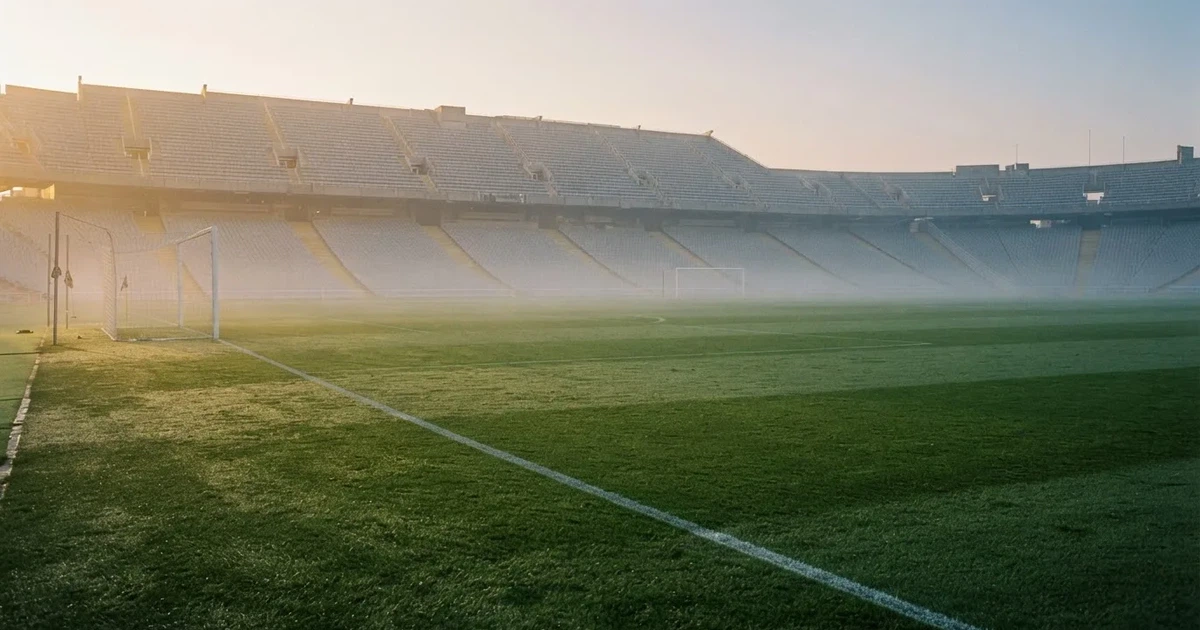 Ein Fußballplatz mit gepflegtem Rasen und einem Tor, über dem Spielfeld liegt Morgennebel, im Hintergrund eine leere Tribüne.