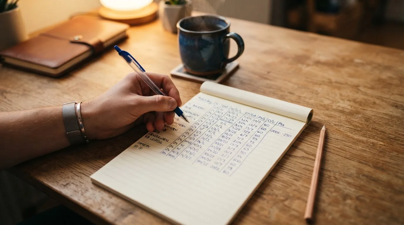 Ein Schreibtisch mit Taschenrechner, Bleistift und einem Block voller handschriftlicher Rechnungen, daneben eine Tasse Tee.