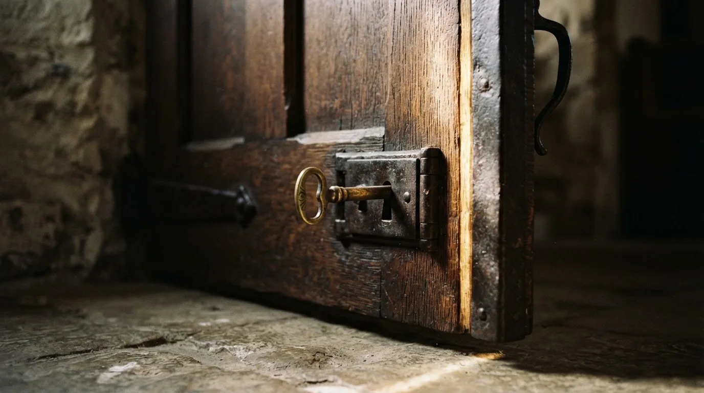 Ein Schlüssel steckt im Schloss einer massiven Holztür, Licht fällt durch einen schmalen Spalt.