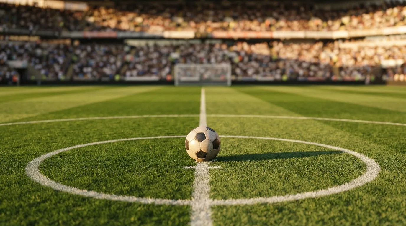 Ein Fußball liegt auf dem Rasen im Mittelkreis, die Kreidelinien führen scharf ins Bild, dahinter verschwimmt eine Tribüne.