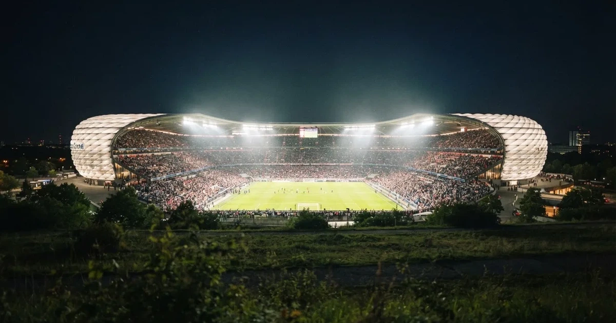 Ein großes Stadion bei Nacht, aus der Ferne unter Flutlicht gesehen, die Ränge hell erleuchtet, der Rasen leuchtend grün.