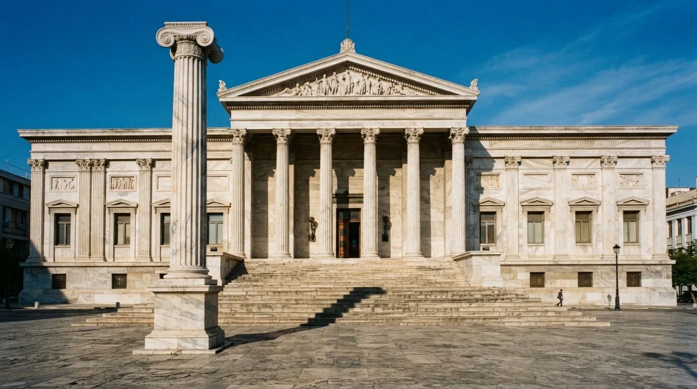 Eine Marmorsäule vor einem klassischen Gebäude, im Hintergrund blauer Himmel.
