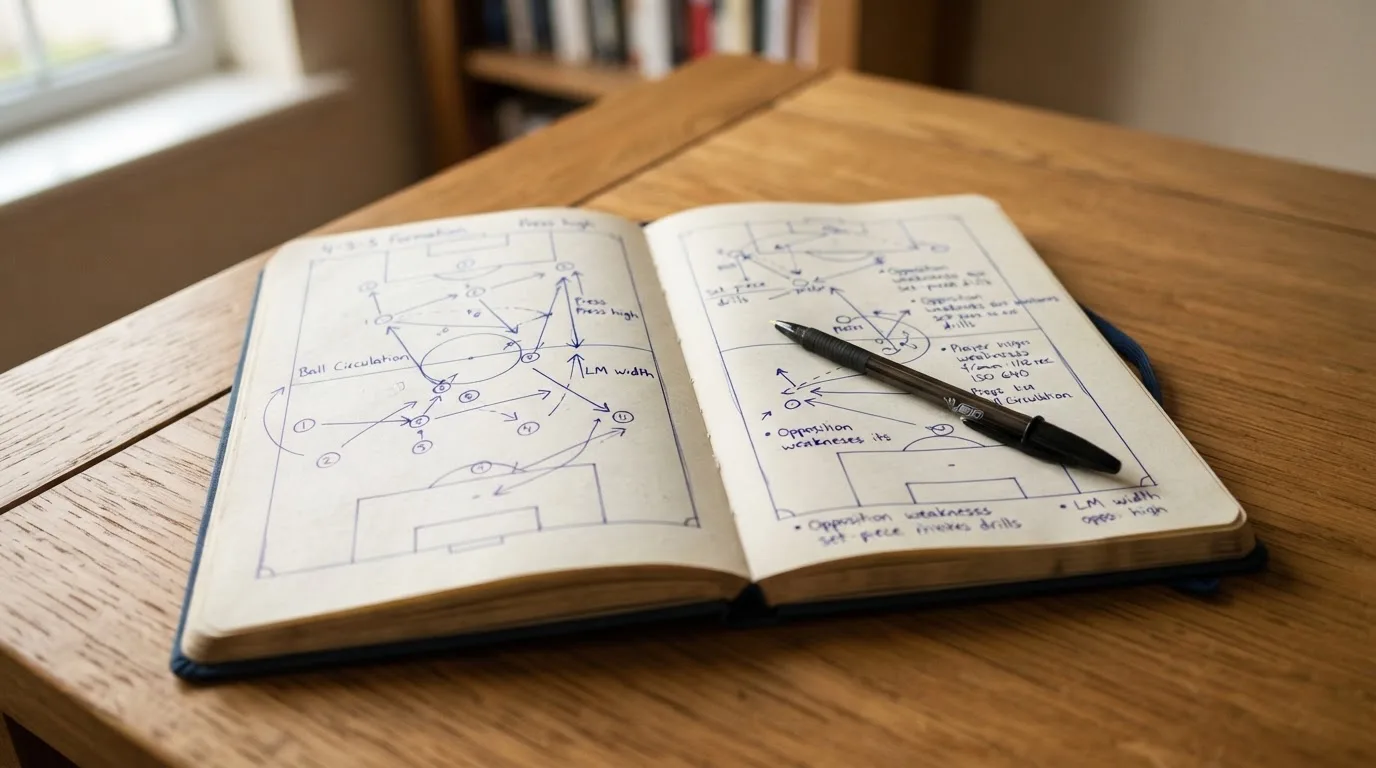 Ein aufgeschlagenes Notizbuch mit handschriftlichen Skizzen von Spielzügen liegt neben einem Kugelschreiber auf einem Holztisch.