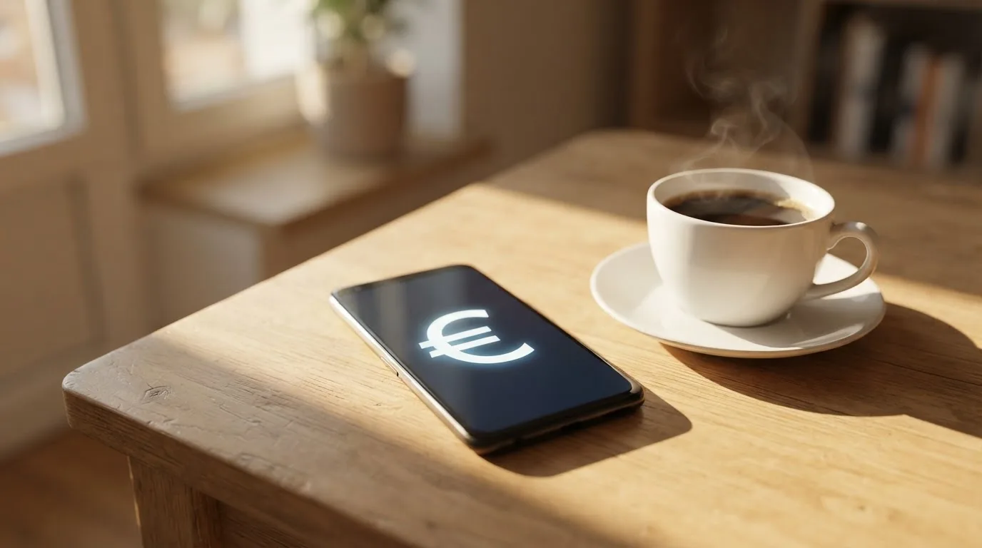 Ein Smartphone mit dunklem Display liegt neben einer Kaffeetasse auf einem Holztisch im Licht eines Fensters.