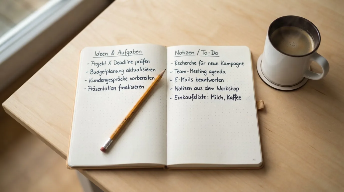 Ein aufgeschlagenes Notizbuch mit handgeschriebenen Stichpunkten und ein Bleistift liegen neben einer Kaffeetasse auf einem hellen Holztisch.