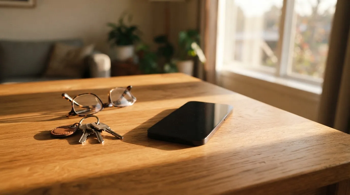 Ein Smartphone liegt mit dunklem Display auf einem Holztisch neben einem Schlüsselbund und einer Brille im Licht eines Fensters.
