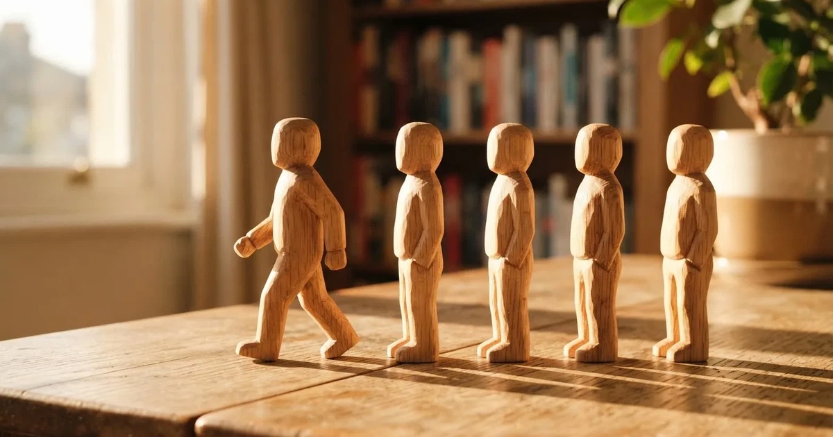 Fünf Holzfiguren stehen in einer Reihe auf einem Tisch, die erste Figur ist leicht nach vorn gerückt.